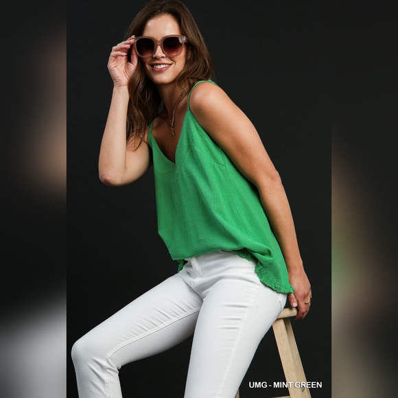 Cute Linen Blend V-Neck Tank Top w Ruffle Hem & Adjustable Spaghetti Straps - Picture 8 of 12